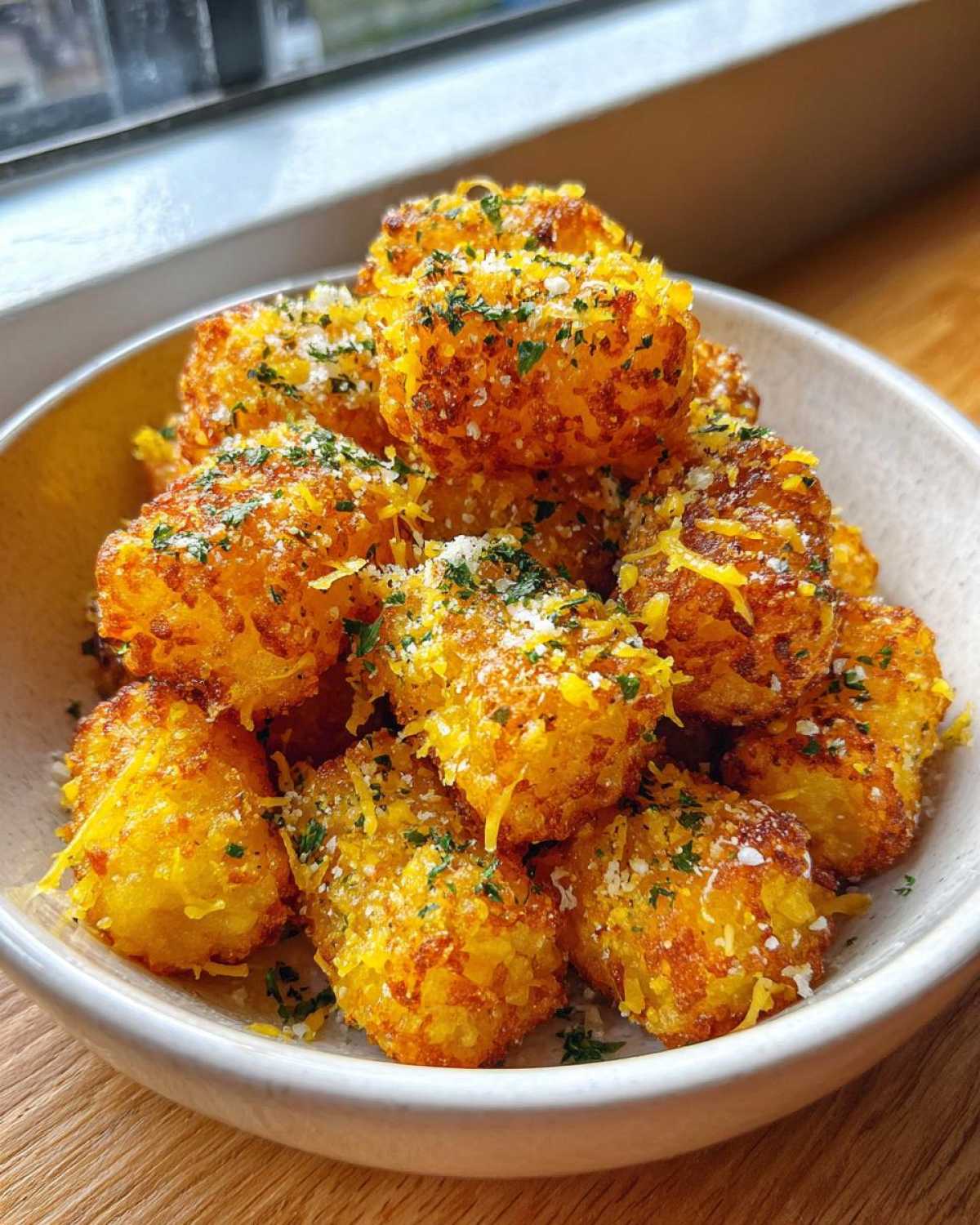 A bowl filled with golden brown Air Fryer Crispy Garlic Parmesan Tater Tots, topped with grated cheese and parsley.