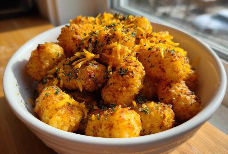 A white bowl filled with golden brown Air Fryer Crispy Garlic Parmesan Tater Tots topped with shredded cheese and parsley.
