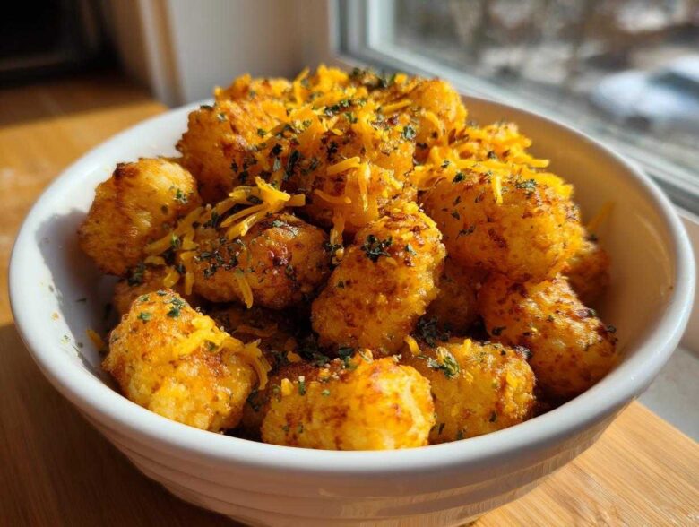 A white bowl filled with golden brown Air Fryer Crispy Garlic Parmesan Tater Tots topped with shredded cheese and parsley.