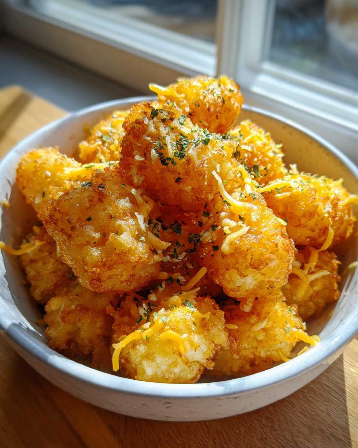 A close-up of golden Air Fryer Crispy Garlic Parmesan Tater Tots topped with shredded cheese and parsley in a white bowl.