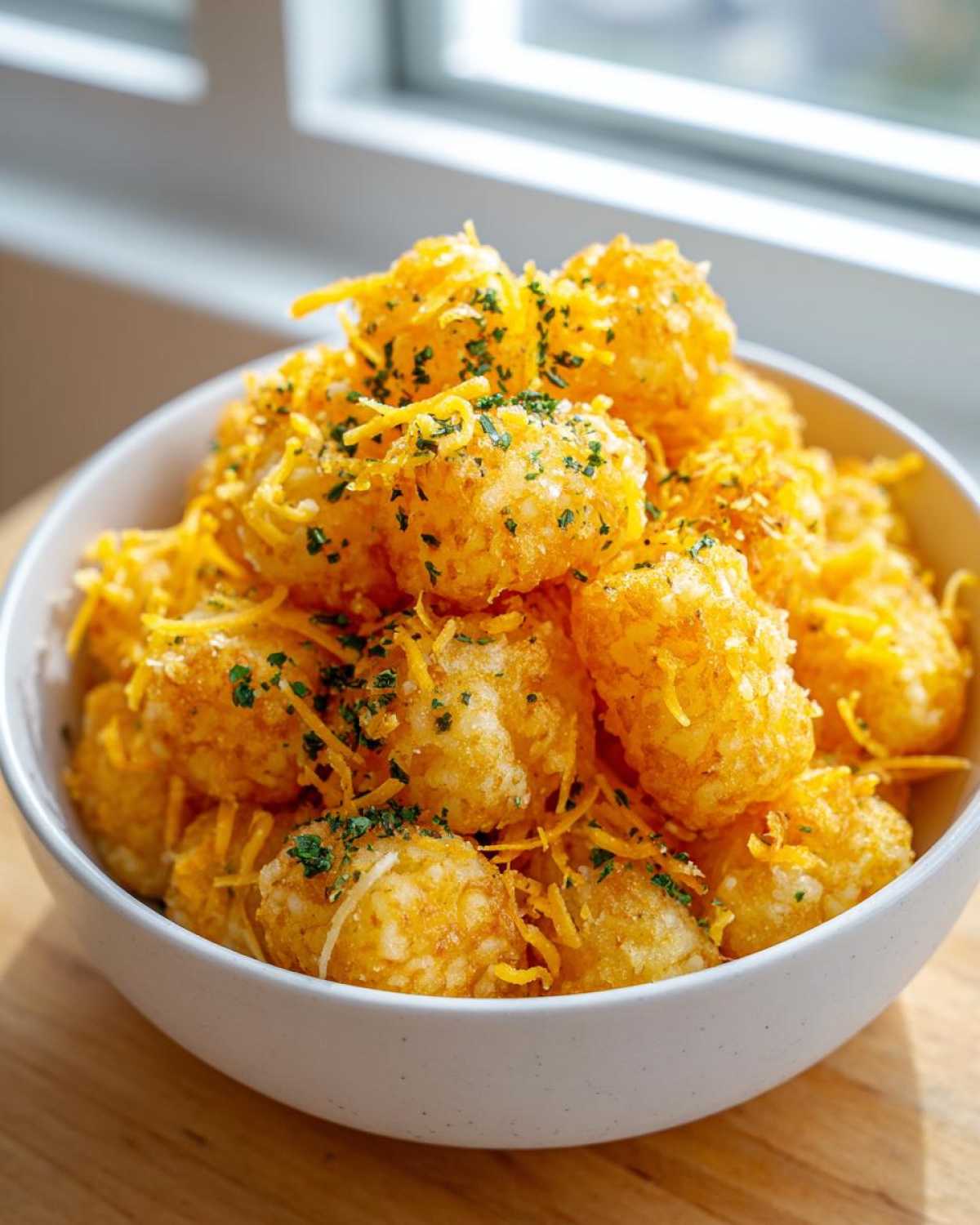 A white bowl overflowing with Air Fryer Crispy Garlic Parmesan Tater Tots topped with shredded cheese and parsley.