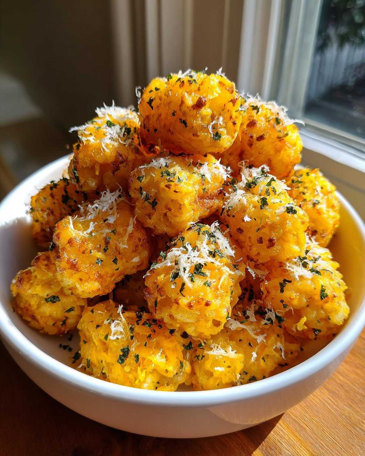 A white bowl filled high with golden Air Fryer Crispy Garlic Parmesan Tater Tots, topped with grated cheese and parsley.