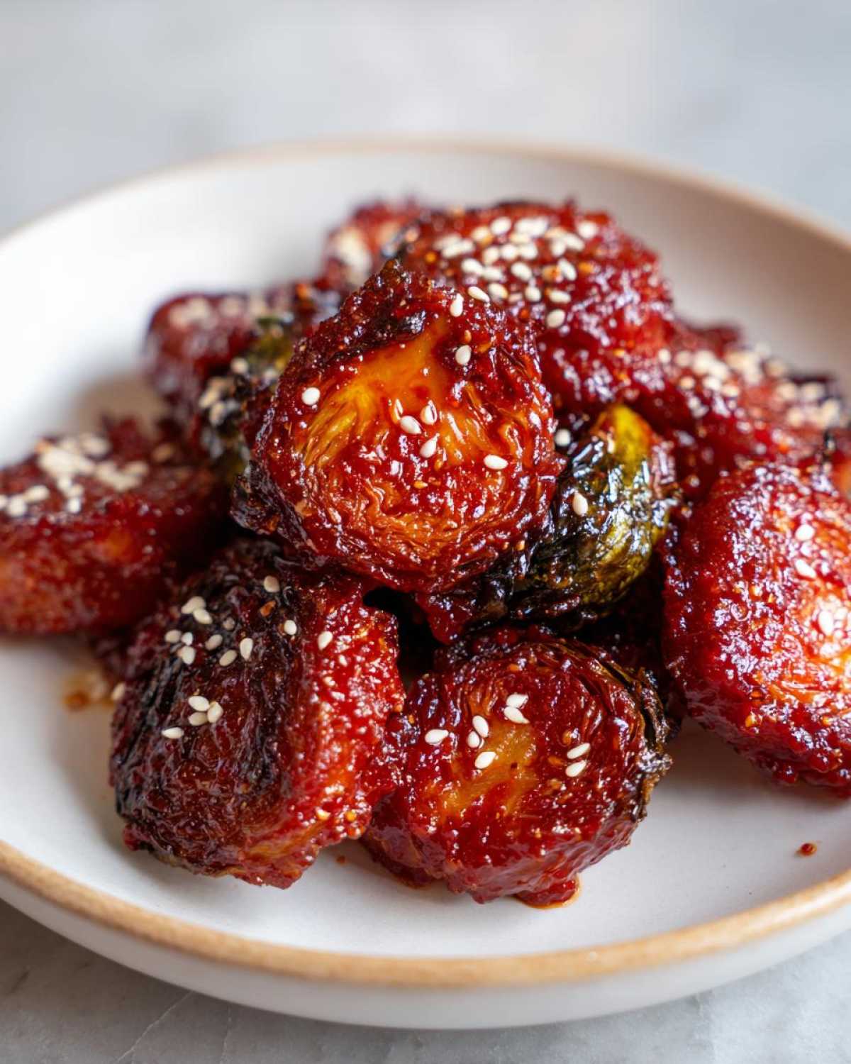 Close-up of crispy Air Fryer Crispy Gochujang Brussels Sprouts coated in a shiny red glaze and sprinkled with sesame seeds.