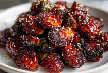 Close-up of Air Fryer Crispy Gochujang Brussels Sprouts, deeply caramelized and sprinkled with white sesame seeds.