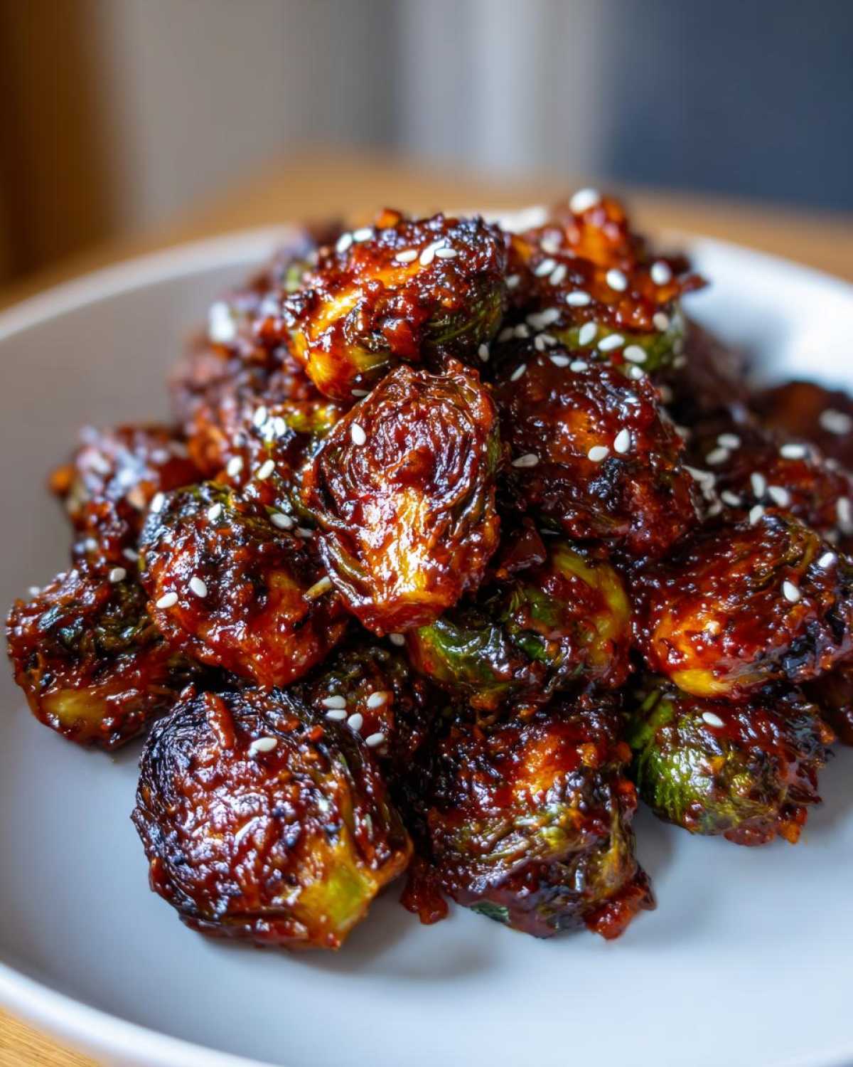 Close-up of Air Fryer Crispy Gochujang Brussels Sprouts piled on a white plate and sprinkled with sesame seeds.