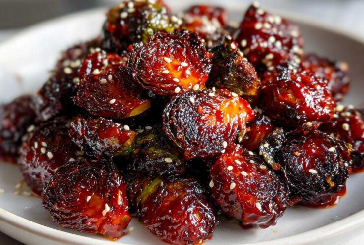 Close-up of Air Fryer Crispy Gochujang Brussels Sprouts, deeply caramelized and sprinkled with white sesame seeds.