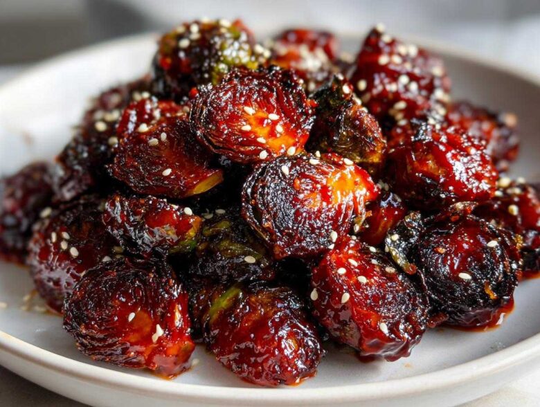 Close-up of Air Fryer Crispy Gochujang Brussels Sprouts, deeply caramelized and sprinkled with white sesame seeds.