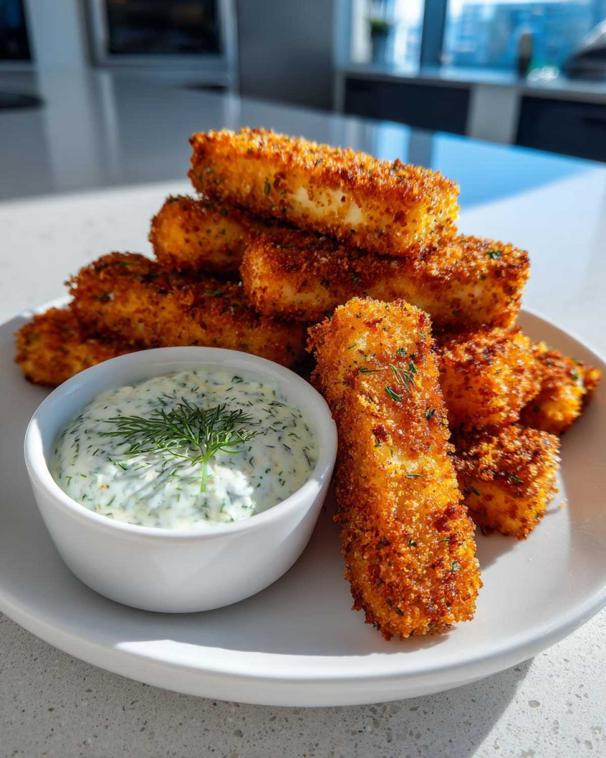 A stack of golden brown Air Fryer Crispy Halloumi Fries served with a small bowl of creamy dill dipping sauce.