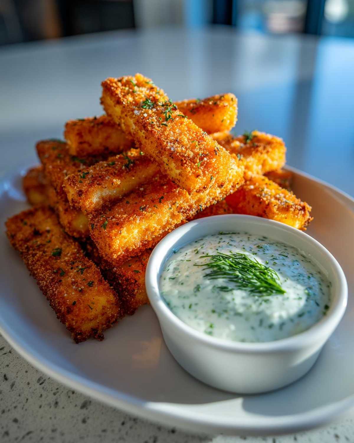 A stack of golden Air Fryer Crispy Halloumi Fries served with a creamy green herb dipping sauce.