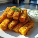 A plate piled high with golden brown Air Fryer Crispy Halloumi Fries, garnished with dill, next to a small bowl of creamy dipping sauce.