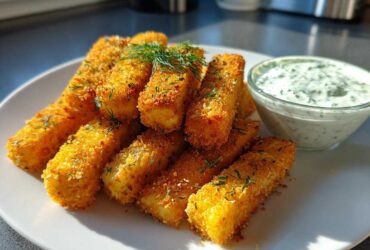 A plate piled high with golden brown Air Fryer Crispy Halloumi Fries, garnished with dill, next to a small bowl of creamy dipping sauce.