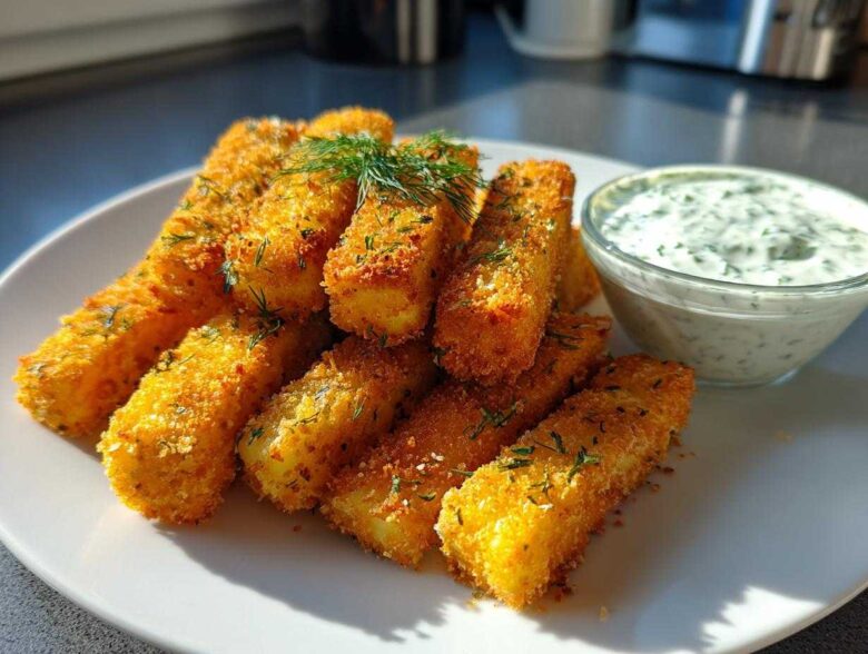 A plate piled high with golden brown Air Fryer Crispy Halloumi Fries, garnished with dill, next to a small bowl of creamy dipping sauce.