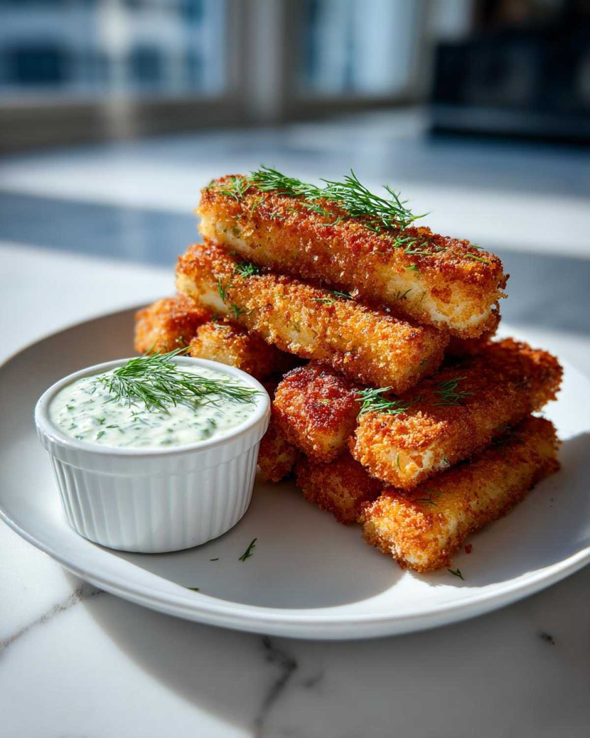 A stack of golden brown Air Fryer Crispy Halloumi Fries served on a white plate next to a small ramekin of creamy dill dipping sauce.