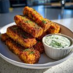 A stack of golden brown Air Fryer Crispy Halloumi Fries served with a small bowl of creamy dill dipping sauce.