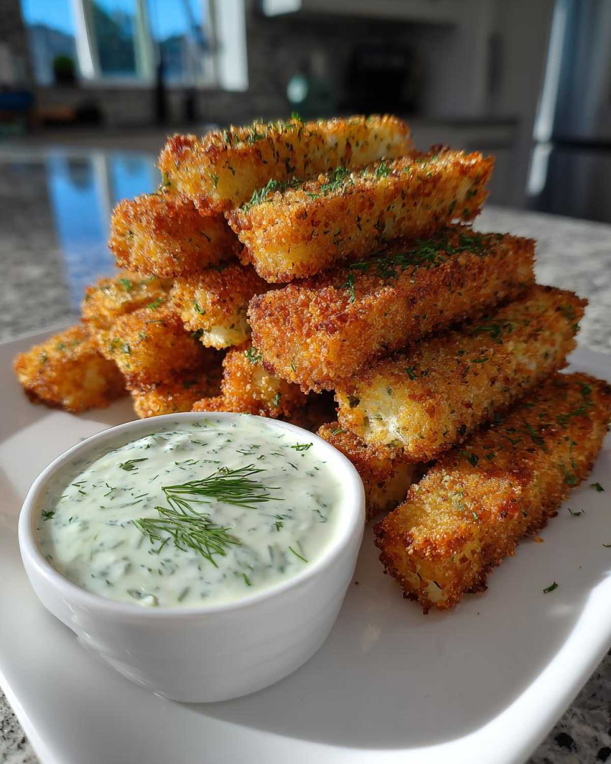 A stack of golden brown Air Fryer Crispy Halloumi Fries served next to a small white bowl of creamy green dipping sauce.