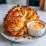 Close-up of Air Fryer Crispy Onion Petals, resembling a blooming flower, served with a side of creamy spicy mayo.