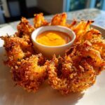 Golden brown Air Fryer Crispy Onion Petals arranged in a circle around a small white bowl of orange spicy mayo.