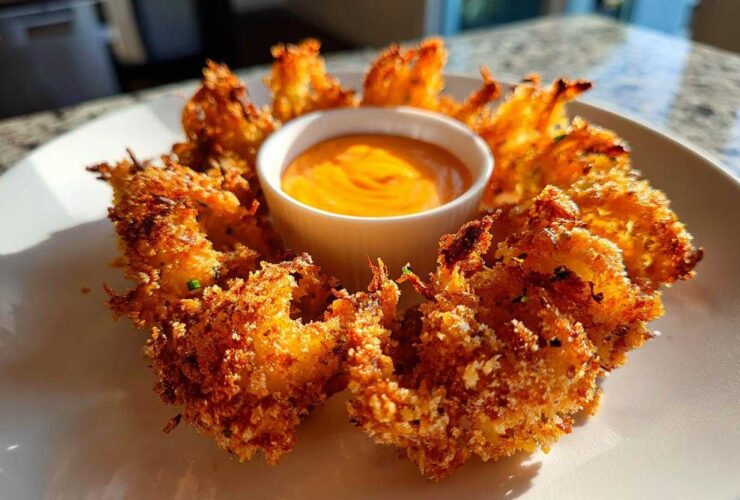 Golden brown Air Fryer Crispy Onion Petals arranged in a circle around a small white bowl of orange spicy mayo.