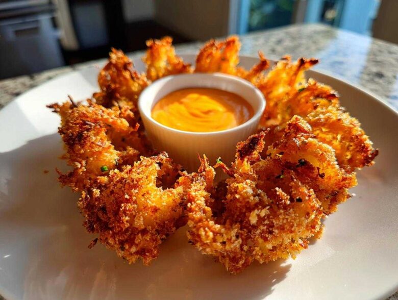 Golden brown Air Fryer Crispy Onion Petals arranged in a circle around a small white bowl of orange spicy mayo.