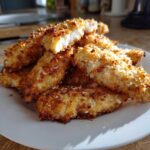 A pile of golden brown Air Fryer Crispy Parmesan Chicken Tenders on a white plate, showing a crispy coating.