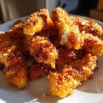 A pile of golden brown, crispy Air Fryer Crispy Parmesan Chicken Tenders dusted with visible Parmesan cheese on a white plate.