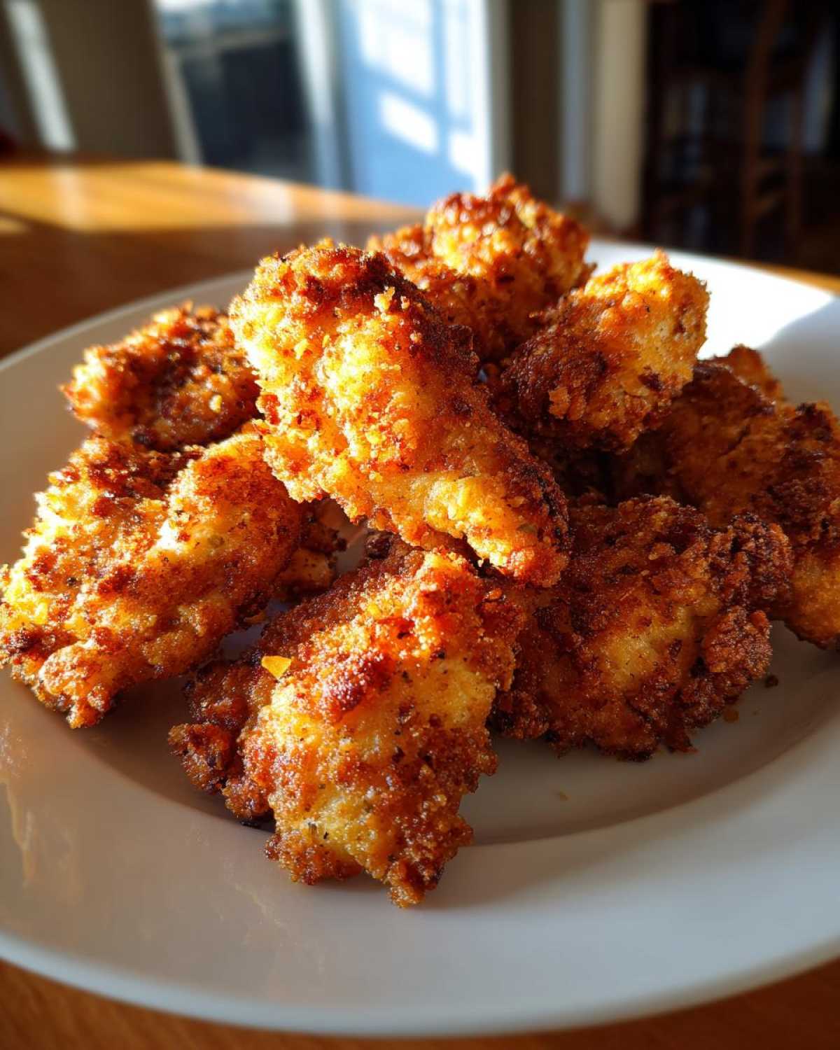 A pile of golden brown, crispy Air Fryer Crispy Parmesan Chicken Tenders served on a white plate.