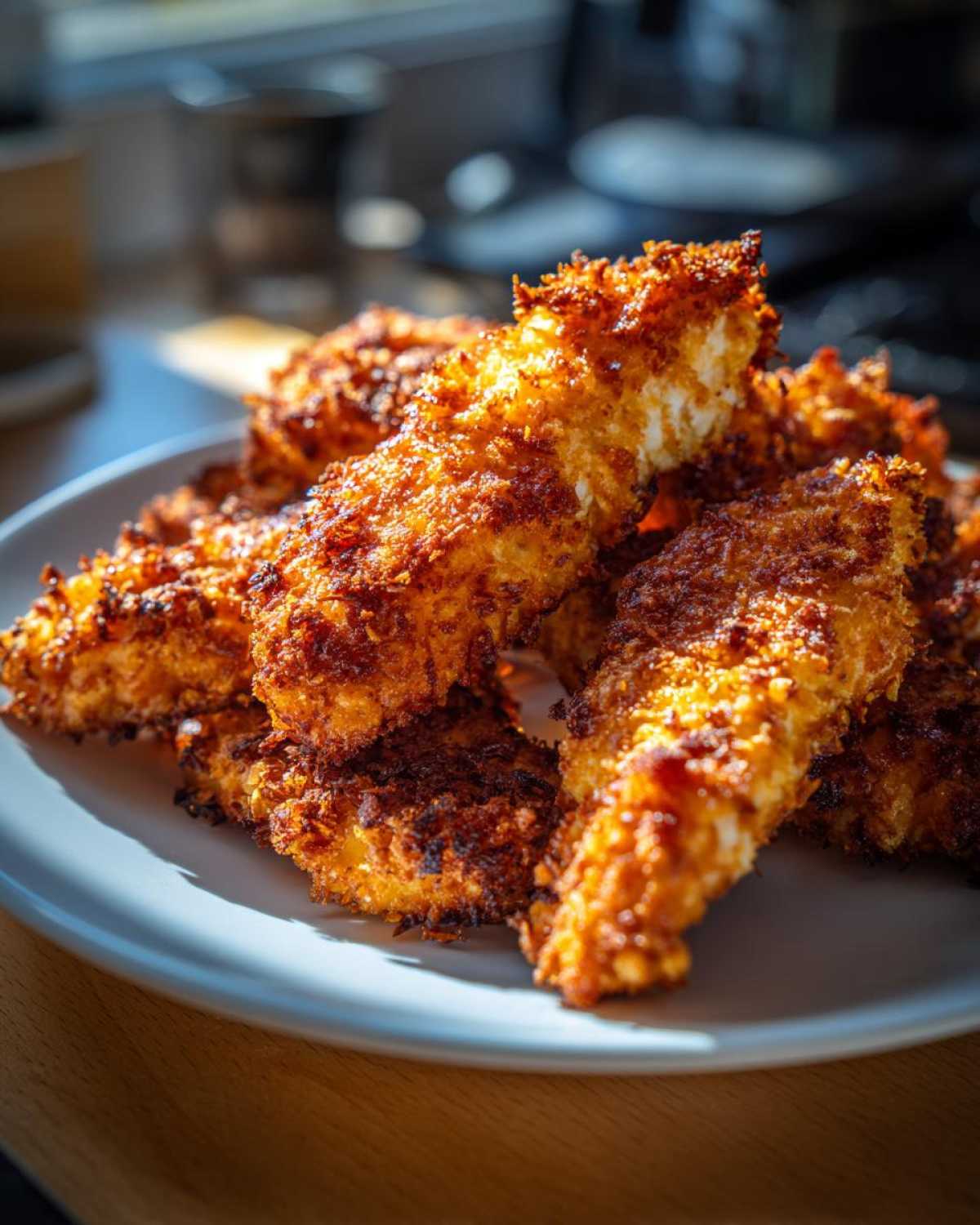 A pile of golden brown, crispy Air Fryer Crispy Parmesan Chicken Tenders stacked on a light blue plate.
