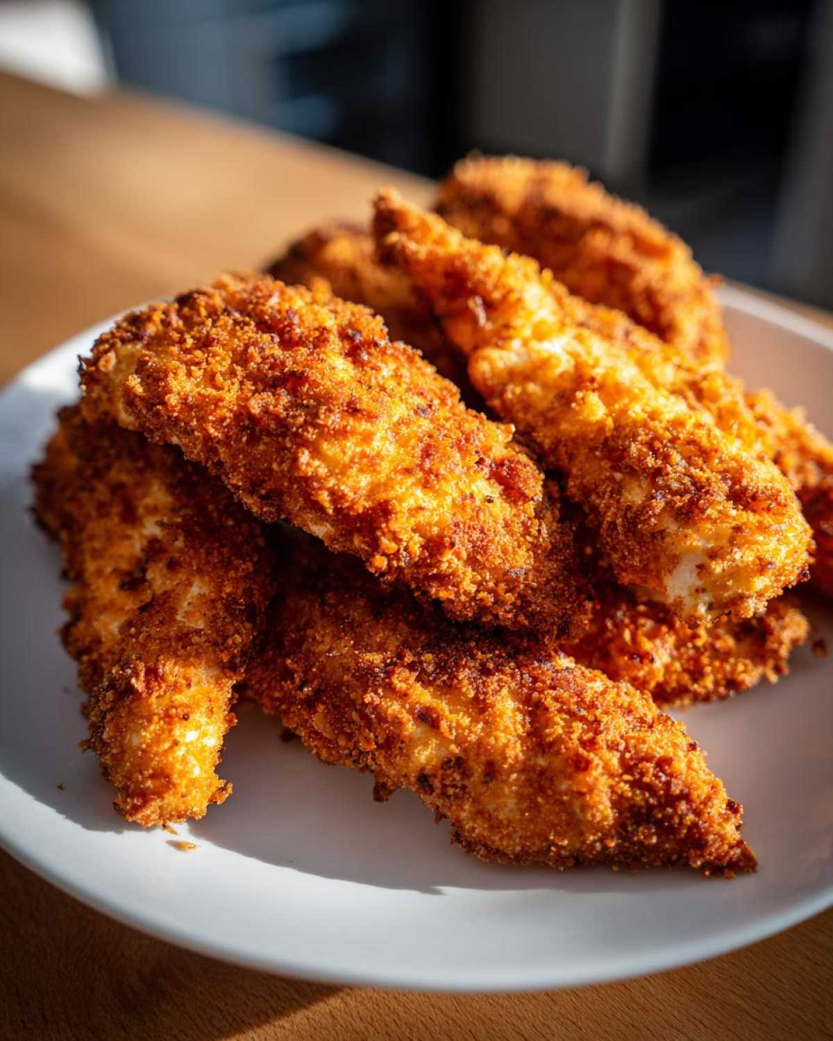 A pile of golden brown, crispy Air Fryer Crispy Parmesan Chicken Tenders stacked on a white plate.
