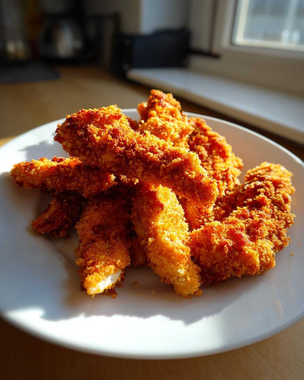 A pile of golden brown Air Fryer Crispy Parmesan Chicken Tenders on a white plate.