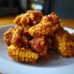 Close-up of golden, crispy Air Fryer Crispy Parmesan Garlic Corn Ribs piled on a white plate.