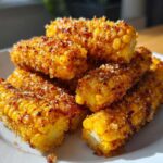 A pile of golden Air Fryer Crispy Parmesan Garlic Corn Ribs coated in seasoning and cheese on a white plate.