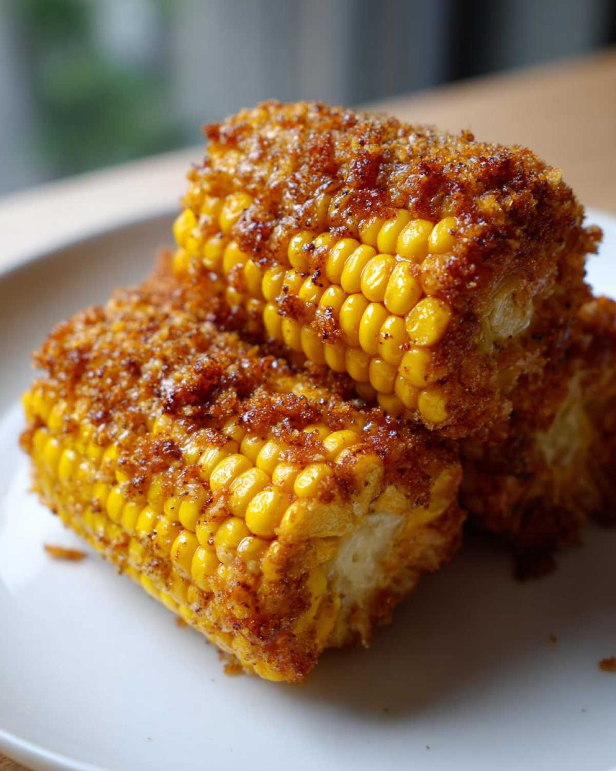 Close-up of three pieces of Air Fryer Crispy Parmesan Garlic Corn Ribs stacked on a white plate.
