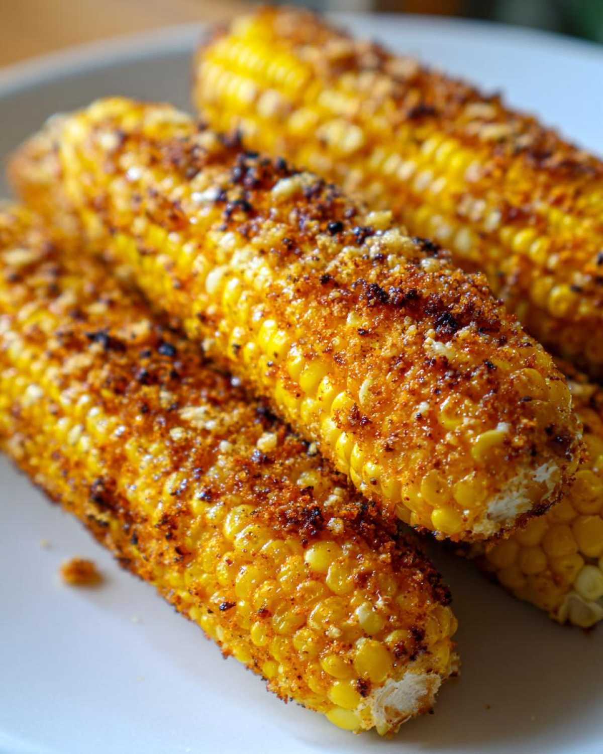 Close-up of several Air Fryer Crispy Parmesan Garlic Corn Ribs coated in seasoning on a white plate.