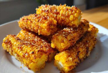 A pile of golden Air Fryer Crispy Parmesan Garlic Corn Ribs coated in seasoning and cheese on a white plate.