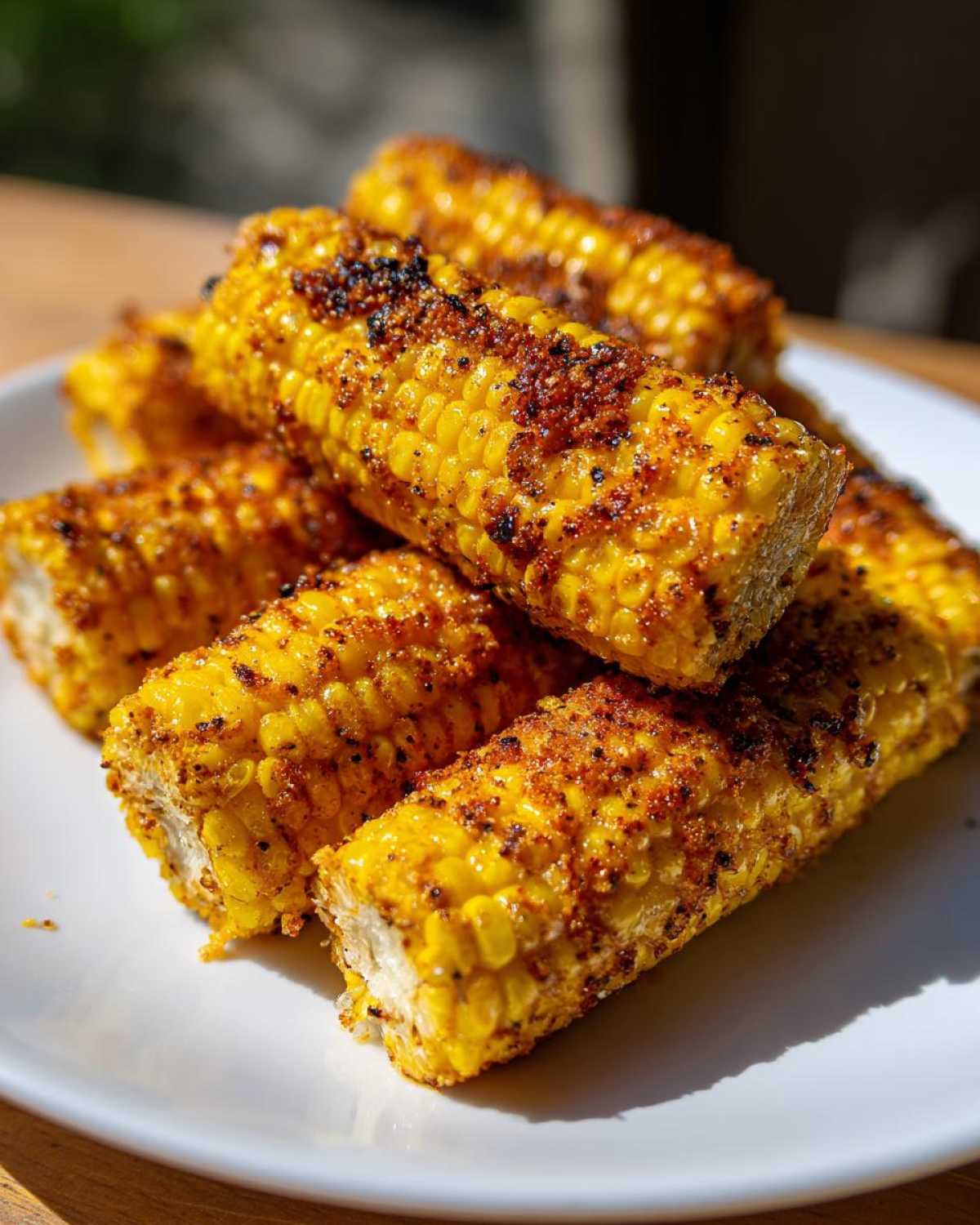 Close-up of perfectly cooked Air Fryer Crispy Parmesan Garlic Corn Ribs stacked on a white plate.