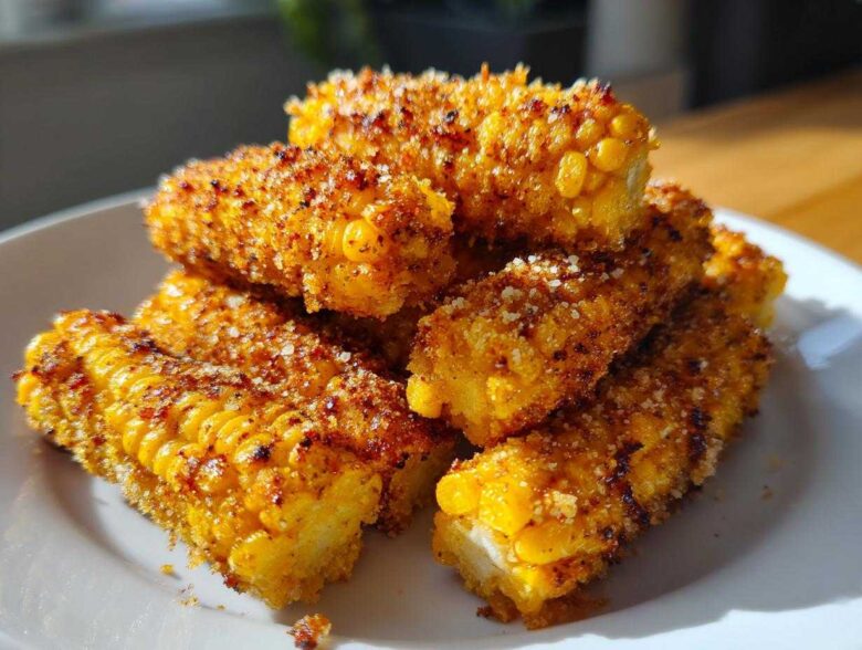A pile of golden Air Fryer Crispy Parmesan Garlic Corn Ribs coated in seasoning and cheese on a white plate.