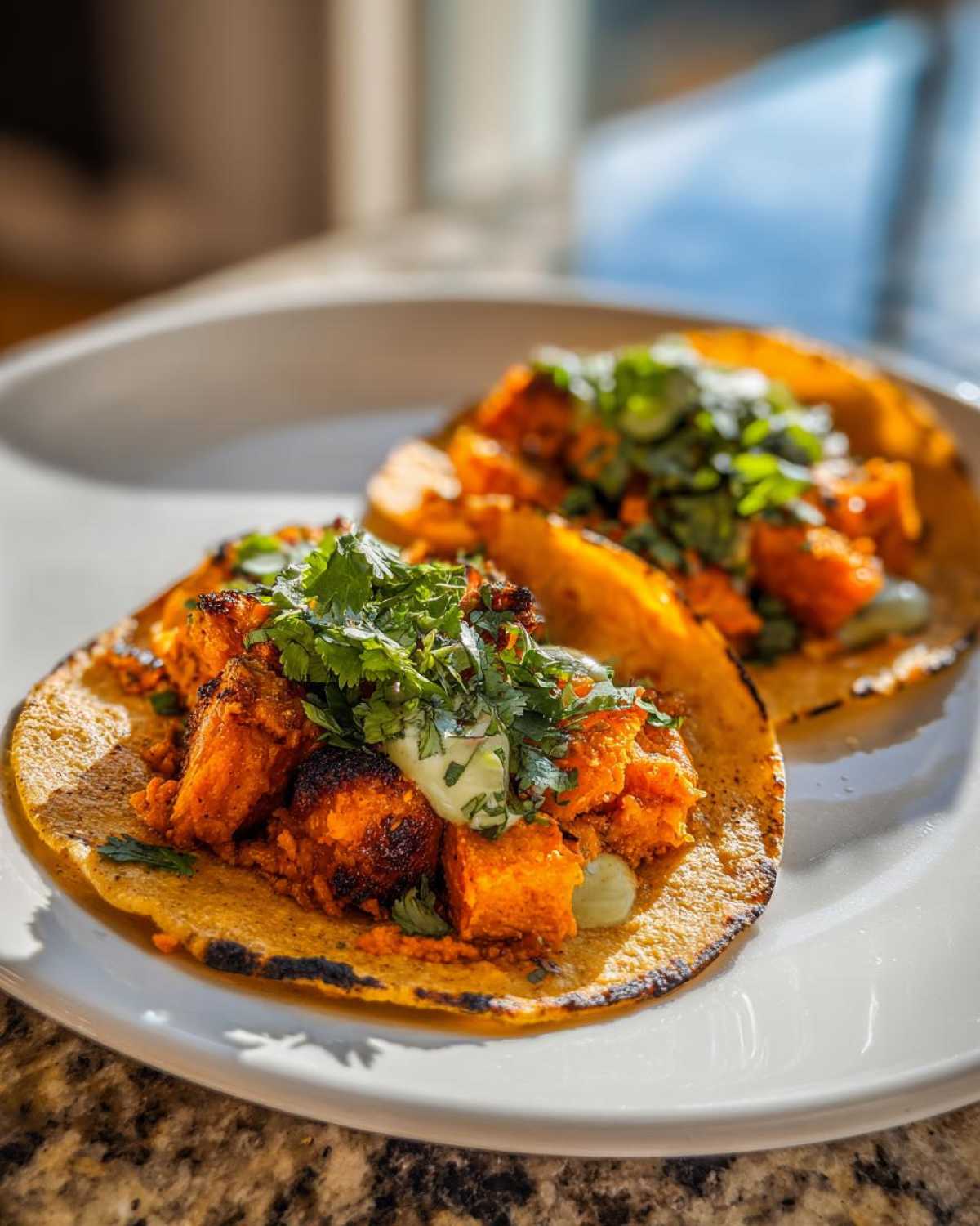 Close-up of two Air Fryer Crispy Sweet Potato Tacos topped with cilantro and a creamy sauce.