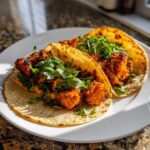 Two Air Fryer Crispy Sweet Potato Tacos filled with seasoned orange sweet potato chunks and fresh cilantro on a white plate.