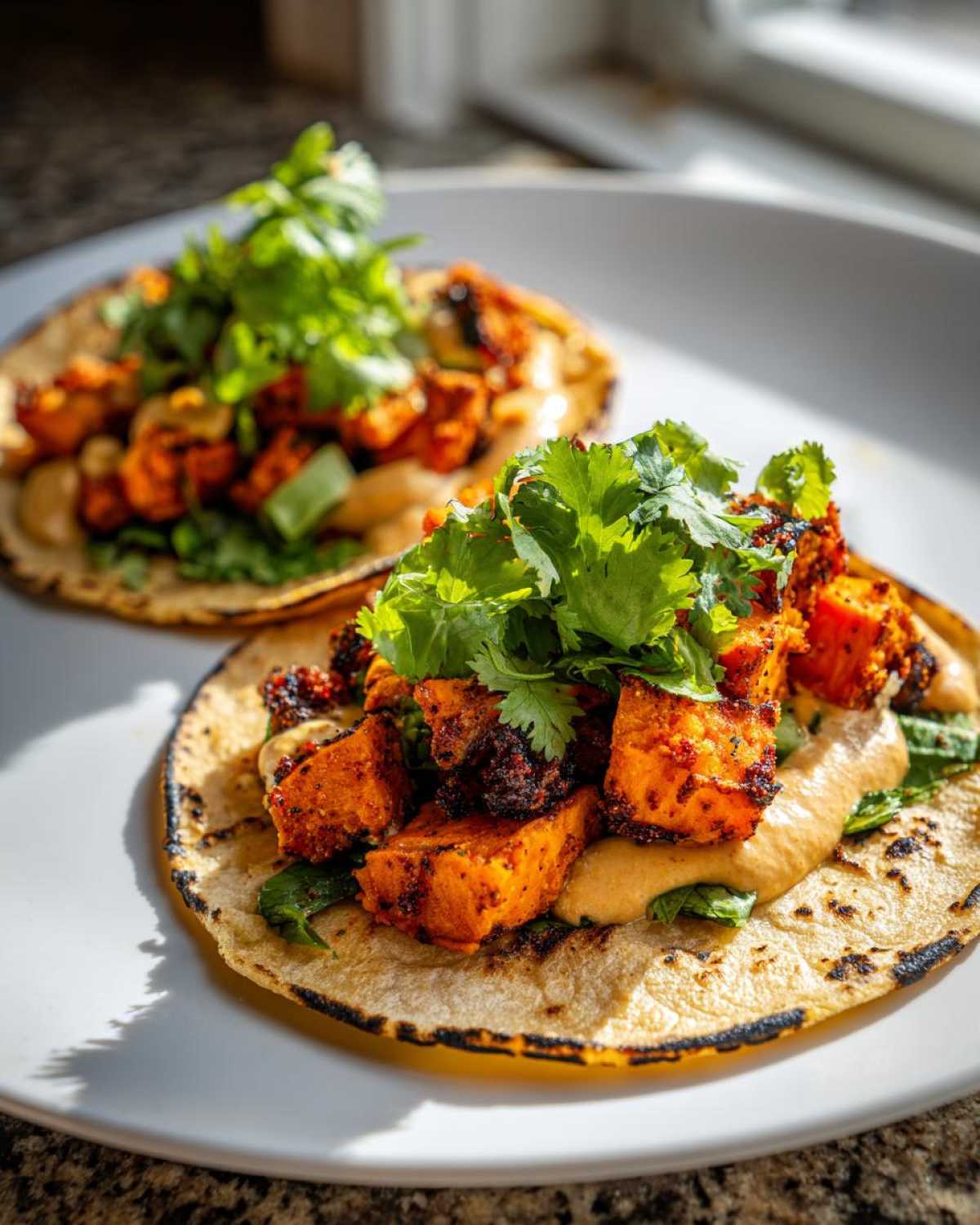 Close-up of two Air Fryer Crispy Sweet Potato Tacos topped with cilantro on a white plate.