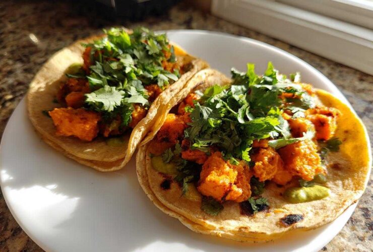 Two warm tortillas filled with orange, seasoned sweet potato chunks and topped generously with fresh cilantro for Air Fryer Crispy Sweet Potato Tacos.