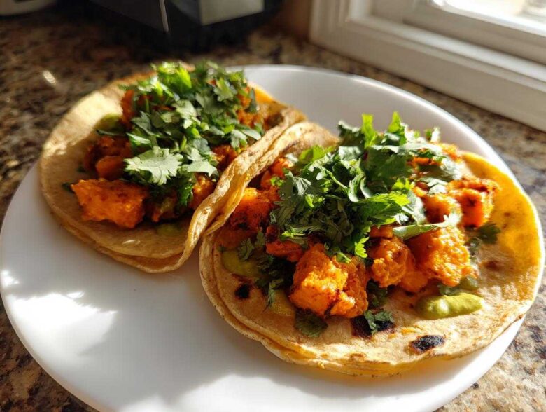 Two warm tortillas filled with orange, seasoned sweet potato chunks and topped generously with fresh cilantro for Air Fryer Crispy Sweet Potato Tacos.