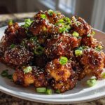 A mound of glossy, dark brown Air Fryer Crispy Teriyaki Cauliflower florets topped with white sesame seeds and sliced green onions.