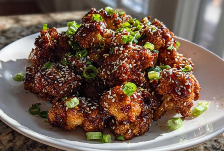 A mound of glossy, dark brown Air Fryer Crispy Teriyaki Cauliflower florets topped with white sesame seeds and sliced green onions.