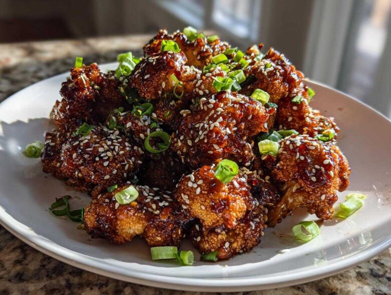 A mound of glossy, dark brown Air Fryer Crispy Teriyaki Cauliflower florets topped with white sesame seeds and sliced green onions.