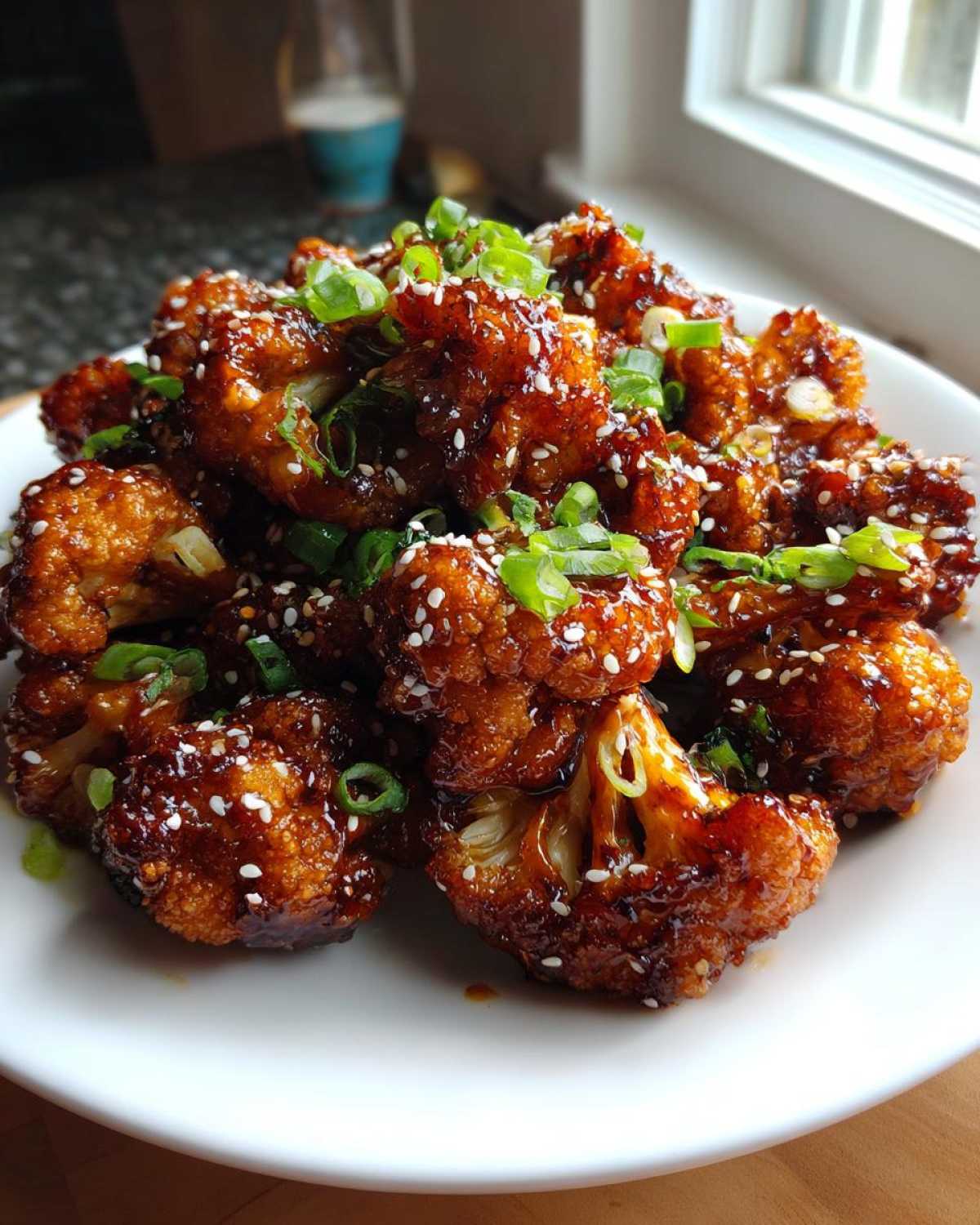 Close-up of Air Fryer Crispy Teriyaki Cauliflower florets coated in a glossy sauce, topped with sesame seeds and green onions.