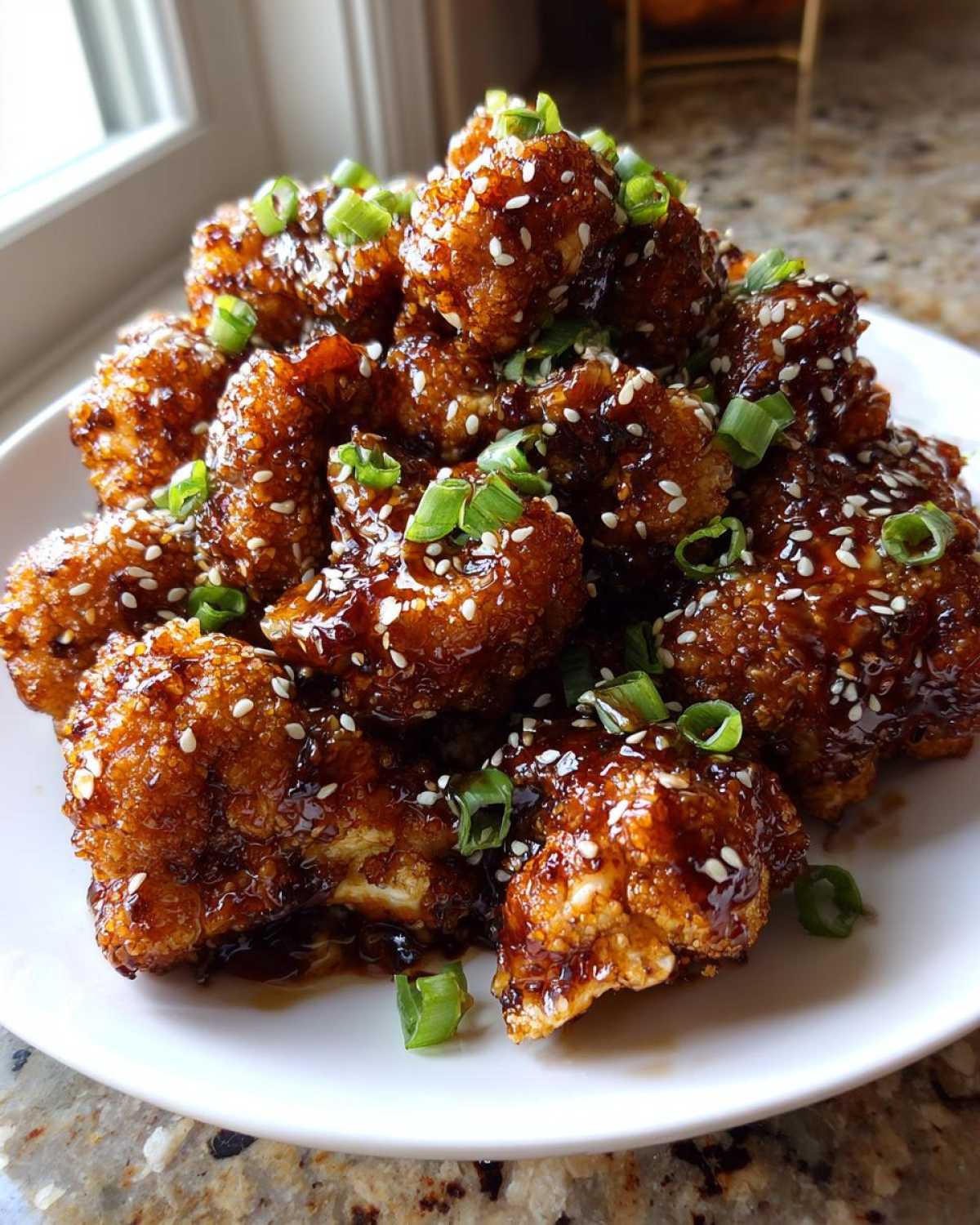 A pile of Air Fryer Crispy Teriyaki Cauliflower florets coated in sticky sauce, topped with sesame seeds and green onions.