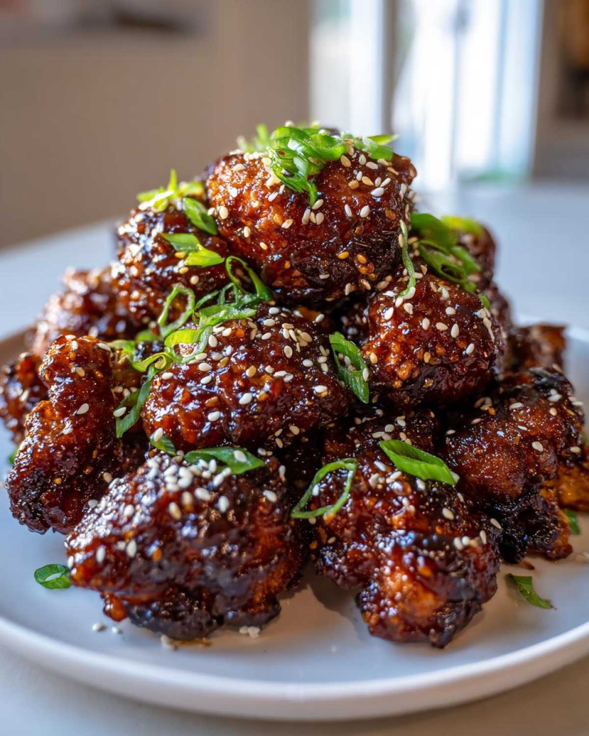 A close-up of Air Fryer Crispy Teriyaki Cauliflower pieces piled high, coated in a dark glaze and topped with sesame seeds and green onions.