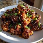 Close-up of glistening Air Fryer Crispy Teriyaki Cauliflower florets topped with sesame seeds and green onions.