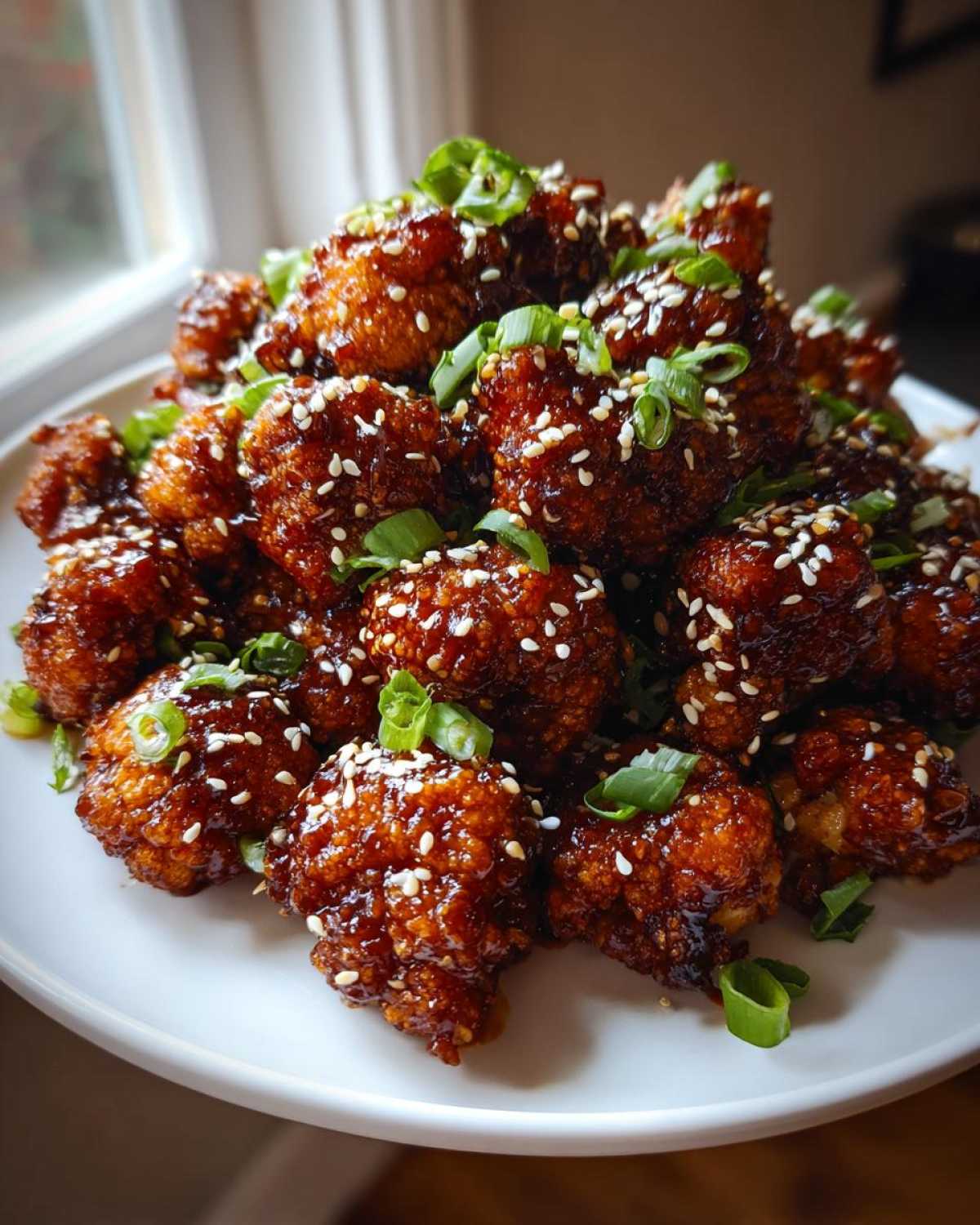 A mound of Air Fryer Crispy Teriyaki Cauliflower coated in sticky sauce, topped with sesame seeds and green onions.