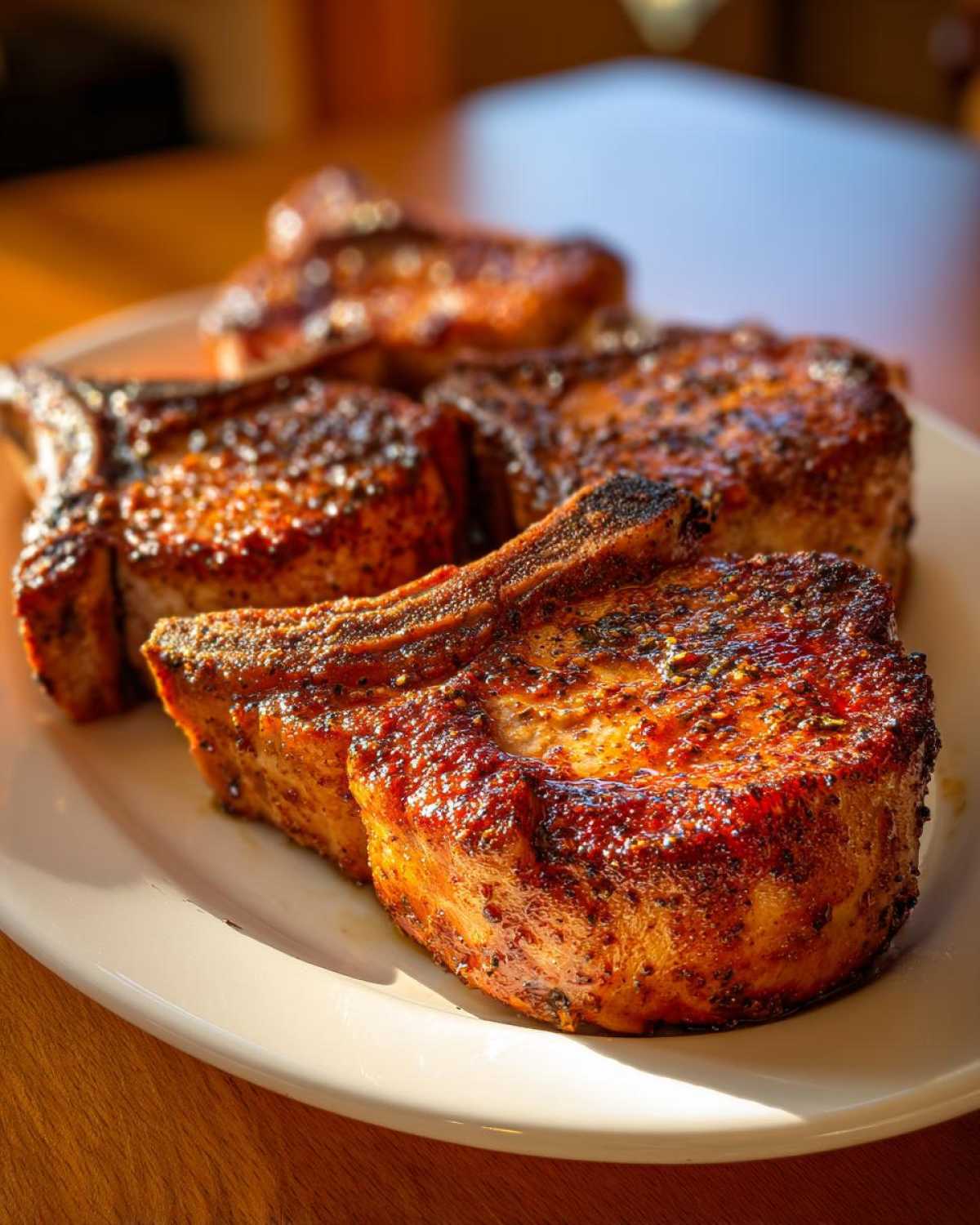 Close-up of thick, juicy bone-in air fryer pork chops seasoned with spices, resting on a white plate.